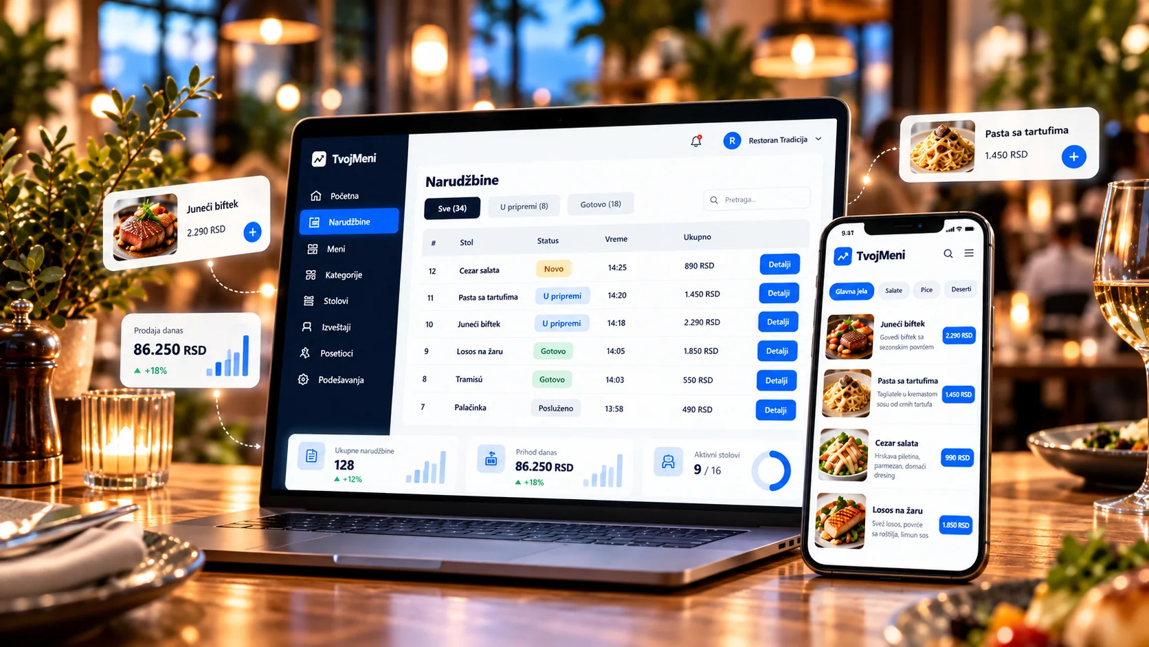 TvojMeni admin dashboard i digitalni meni na telefonu